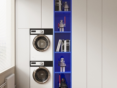 现代洗衣机柜 储物柜 书本书籍 机器人雕塑 地毯
