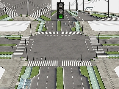 现代马路道路 街道红绿灯路口设施 斑马线人行横道 绿化公交车站