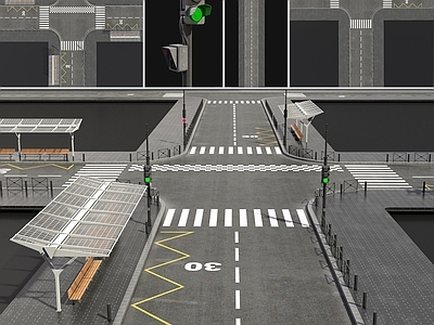 现代马路道路 街道红绿灯路口道路设施 斑马线人行横道 绿化公交车站