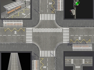 现代马路道路 街道红绿灯路口道路设施 斑马线人行横道 绿化公交车站