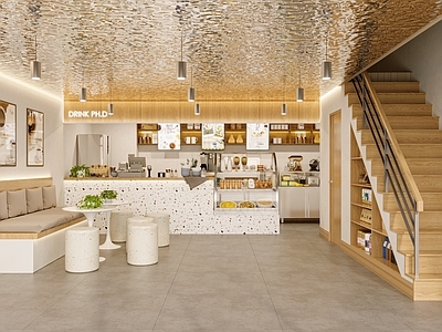 北欧奶茶店 备餐区 收银前台 休息区 双层