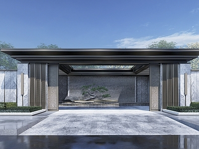 新中式示范区入口大门 展示区入口景观 跌水景墙造型松树