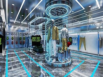 现代潮玩服装店 男装店 潮流男装店铺 服装 中岛