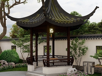 中式古建亭子 苏州园林翘脚亭子 石桌