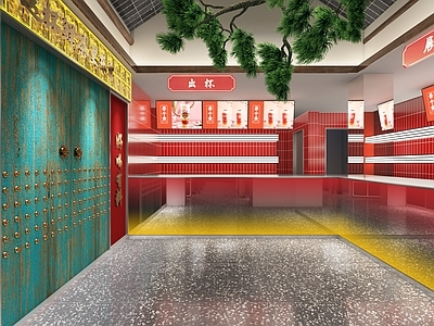 新中式国潮风奶茶店 备餐区 单层 收银前台 休息区
