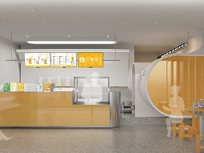 现代奶茶店 头 备餐区 单层 收银