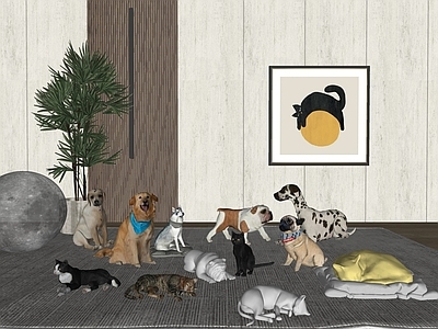 现代动物 动物 狗狗 猫 盆栽地毯