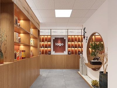 现代烟酒店 展柜 石狮子 茶桌 圆造型墙