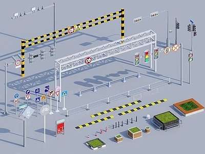 道路常用标志 交通灯 指示牌 道路栏杆 花坛