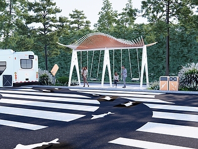 公交站 游客驿站 景区公交站点 鱼主题斑马线 公交车 垃圾桶 导视牌