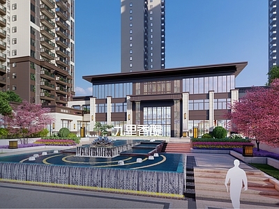 新中式小区售楼处建筑 大门景观 方形