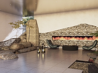 现代酒店壁炉休息区 置石造景
