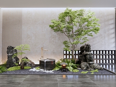 现代室内景观造景 石头 美女 水钵