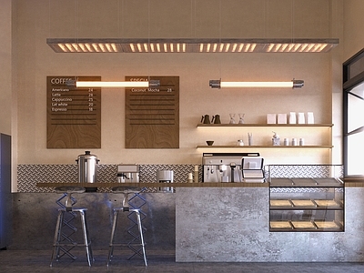 工业风奶茶店 备餐区 收银 双层