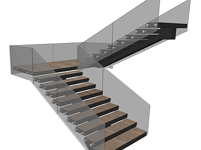 现代扶手楼梯 玻璃 直角 极简 木材 室内 玻璃