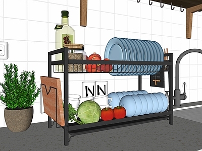厨房用品组合 厨房储存架 厨房用品 餐具 碗 蔬菜水果 盆栽