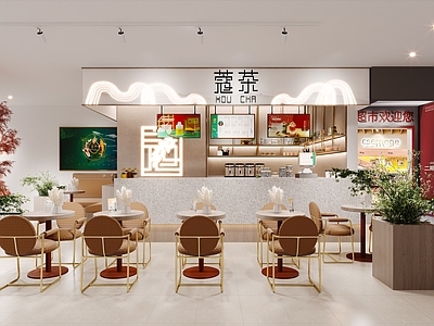 北欧奶茶店 椅子 吧台 挂画 植物 备餐区 单层 收银前台 休息区