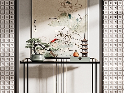 新中式端景条案 盆栽 挂画