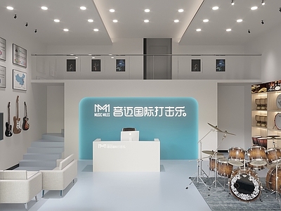 现代学校教室 音乐室 娱乐室 架子鼓 乐器 装饰架 奖杯 奖状 前台 音乐室
