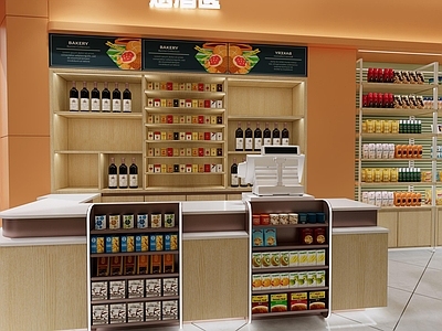 现代精品零食店 超市货架收银台门头