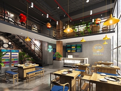 工业风火锅店 发光字 植物