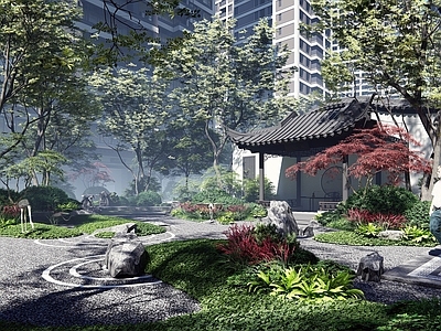 中式小区景观 节点景观亭组团空间 住宅景观