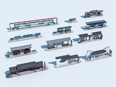 新中式仿古建筑公交车站组合 传统瓦屋面公交车站组合 创意仿古公交车站