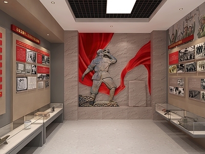 现代党建展厅 革命浮雕墙 文物展示柜 革命文物 党建展板