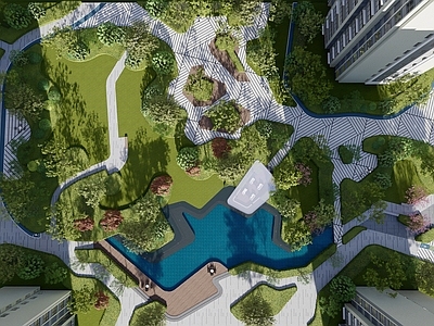 SU悬赏模型 现代风格小区 廊架 水景 树池 座椅 住宅