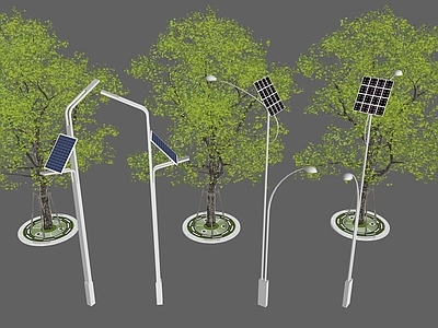 现代路灯 太阳能灯 高杆灯 灯头 照明灯 行道树 大树