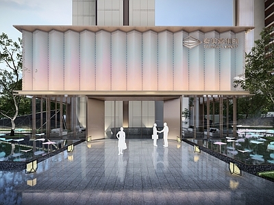 现代售楼处建筑 互动发光莲花水景雕塑 方形