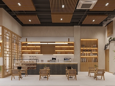 现代奶茶店 备餐区 收银 双层
