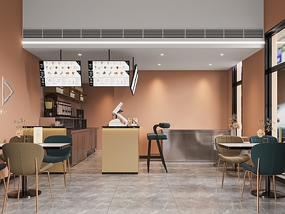 现代奶茶店 备餐区 单层 收银前台 休息区