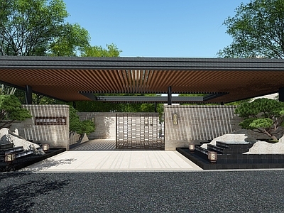 新中式入口大门 门楼 假山