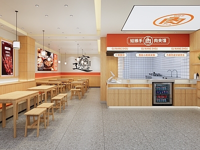 现代快餐店 餐饮门头  餐饮小吃店 小吃店 餐桌椅 收银台 明档