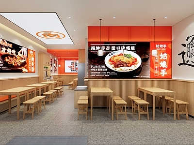 现代快餐店 餐饮门头  餐饮小吃店 小吃店 餐桌椅 收银台 明档