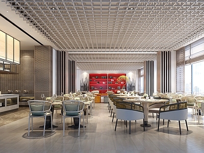 新中式酒店自助餐厅 全日 椅 布菲台 吊架 藤椅 中式花格 垂帘