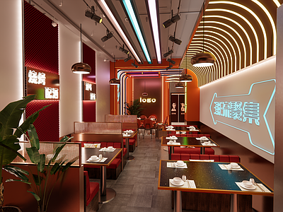 工业风格烧烤店 霓虹灯 餐桌椅