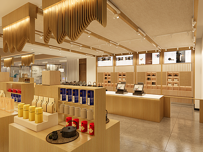 现代风格茶馆 茶具 灯具 屏风 展示柜