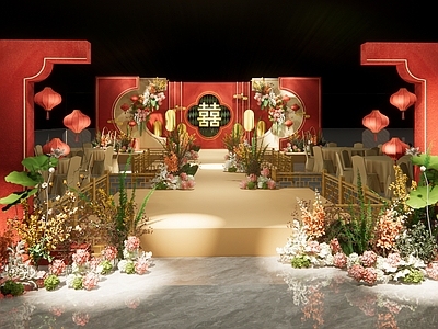 中式酒店宴会厅 红色婚礼花艺 美陈