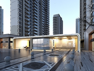 现代小区入口大门 弧形大 渲染场景