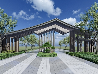 新中式入口大门 坡屋顶廊架 形大