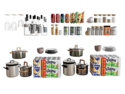 厨房用品组合 厨具 汤锅炒锅 酒杯调味品 饮料罐 易拉罐 可乐