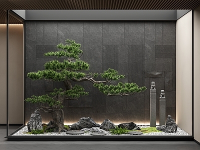 新中式室内景观造景 小品 松树 植物组合 石材背景墙 石头