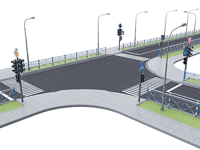 现代市政道路 交通岗 信号灯 斑马线 路灯 护栏  路面