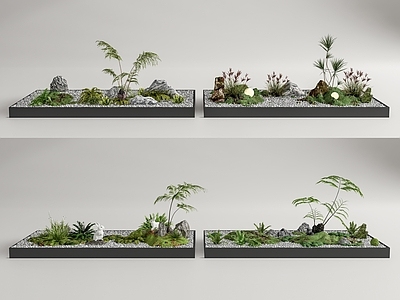 现代室内景观造景 植物堆 小品 植物组合 石头 鹅卵石 枯山水