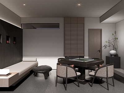 现代棋牌室 桌子 椅子 麻将 花艺植物 抽象画 竹帘 沙发 台灯 茶几