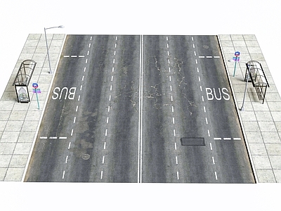 现代路面 公交站台 破旧公路面 三车道公路