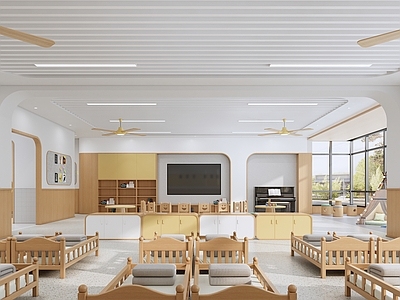 现代幼儿园午睡区 教学墙 文化墙 儿童床 书包柜