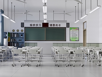 现代学校 学生教室 学生桌椅 黑板